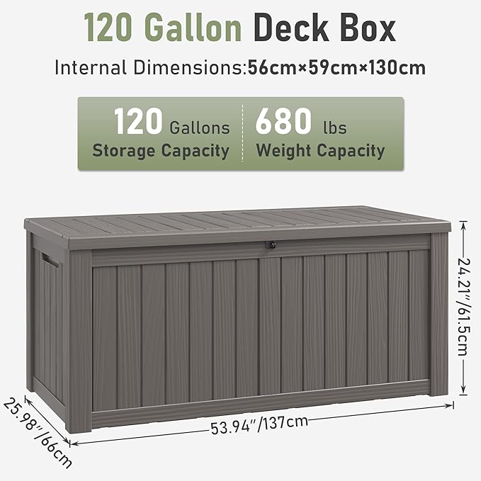 120 Gallon Outdoor Storage Box, Resin Deck Boxes Outdoor Waterproof For Patio Furniture, Garden Tools, Pool Supplies, Durable And UV Resistant, Lockable