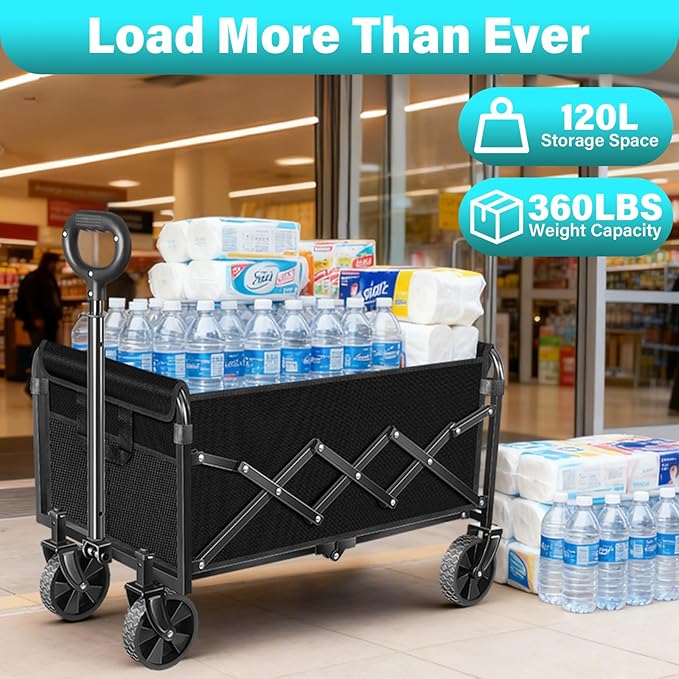 Wagons Carts Foldable, Collapsible Wagon with Wheels — Durable Foldable Wagon for Groceries,Picnic & Pets, Small Hauls, Apartment Moving & Storage, Portable Utility Pull Wagon Cart, 360lbs, Jet Black