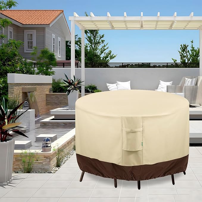 Round Patio Furniture Covers, 84" DIA x 28 H Waterproof Outdoor Furniture Cover for Patio Table & Chair Sets, 600D Heavy-duty UV-Resistant Fade-Proof Protection, Beige & Brown