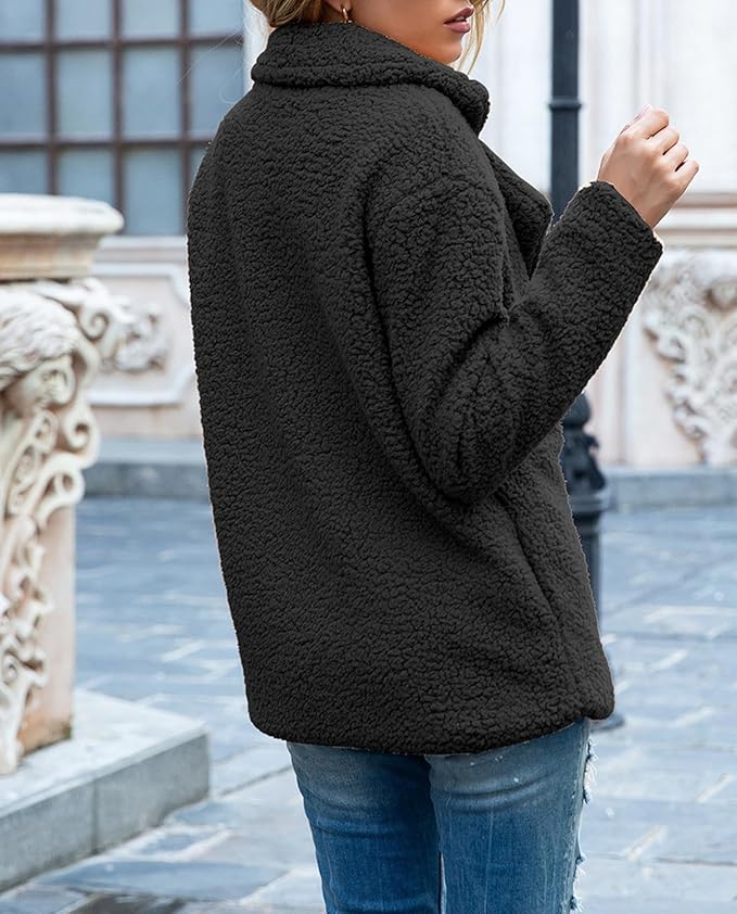 Women's Winter Warm Plush Cardigan Fuzzy Fleece Lapel Jacket with Buttons Pockets Long Sleeve Casual Outerwear