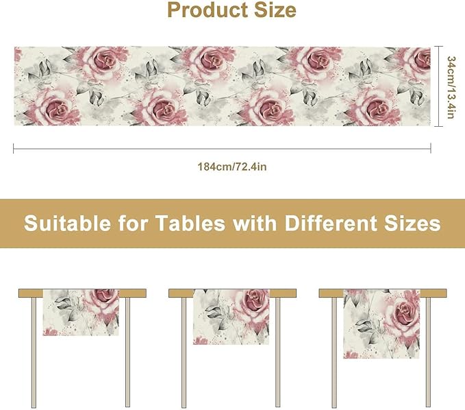 Pink Rose Floral Table Runner,Abstract Watercolor Flower Pattern Modern Romantic Kitchen Dining Table Decoration for Wedding Holiday Home Party 13x70in