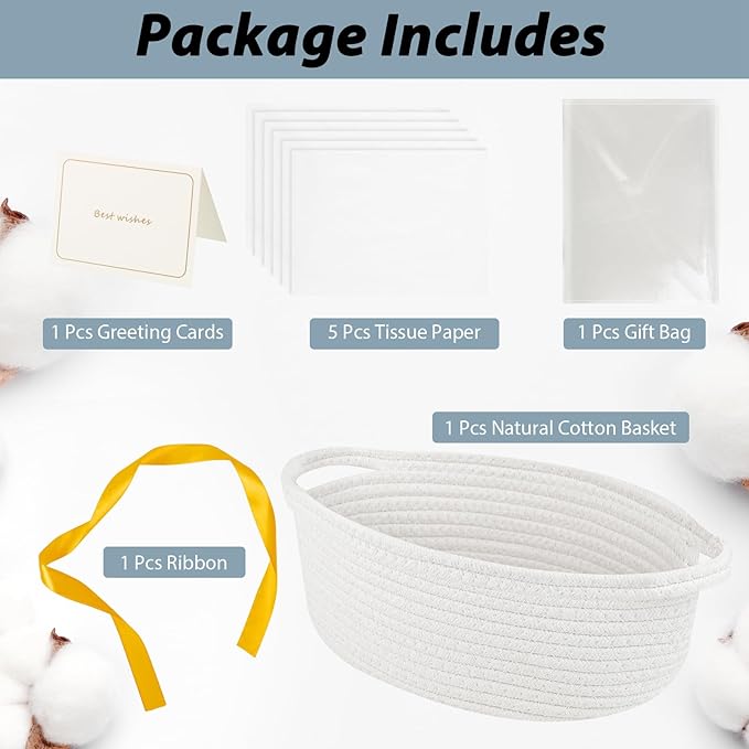 Baskets for Gifts Empty with Bag Card Ribbon Tissue Paper Small Woven Basket Gift Baskets with Handles for Valentine's Day New Year Baby Shower (White 12"X 8" X 5")