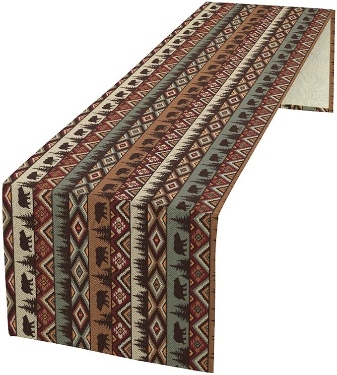 Rustic Bear Table Runner, Cabin Wild Animal Deer Moose Pine Tree Aztec Native Western Farmhouse Hunting Camping Table Runner for Kitchen Dining Home Party 13x36in