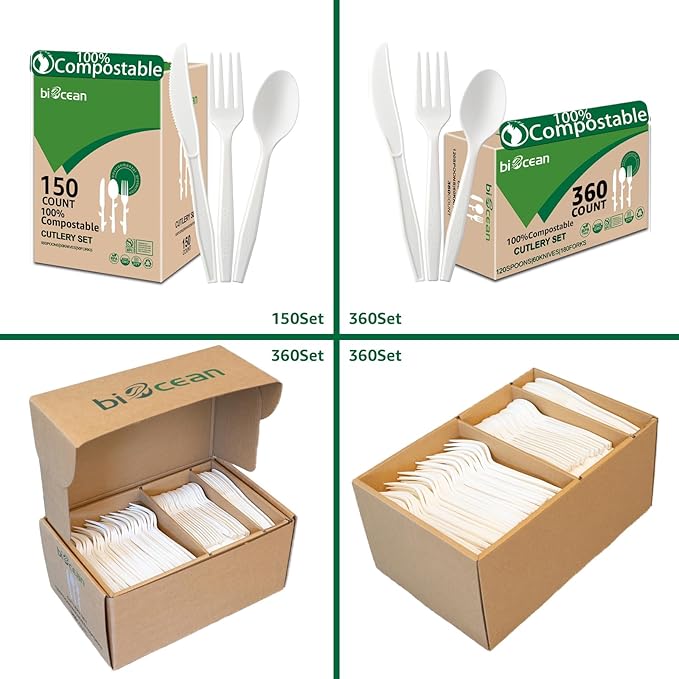 100% Compostable No Plastic Utensils - Heavy Duty Eco-Friendly Flatware for Lounge, Party, Wedding, BBQ, Picnic, Camping [Utensils Set, 360 Count]