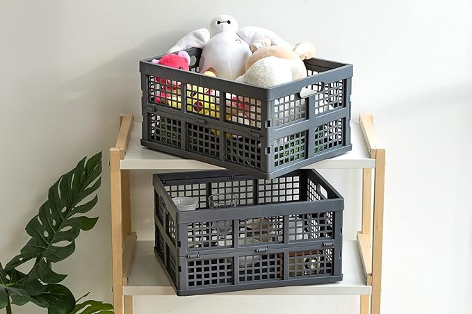 34L Large Plastic Folding Storage Crates,Collapsible Crates for Storage,Pack of 3 (Grey)