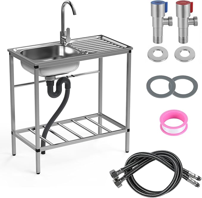 Stainless Steel Utility Sink with Cabinet, Outdoor Sinks Station for Patio & Camping, Kitchen and Cabinet Combo Stainless Steel