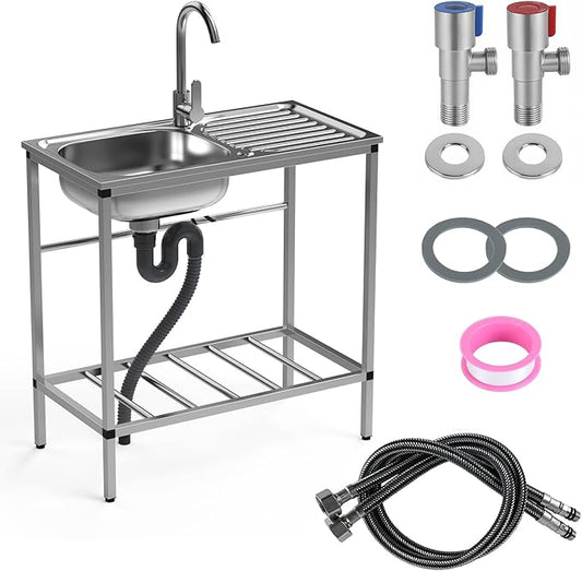 Stainless Steel Utility Sink with Cabinet, Outdoor Sinks Station for Patio & Camping, Kitchen and Cabinet Combo Stainless Steel