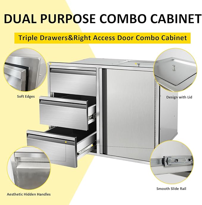 Outdoor Kitchen Door Drawer Combo Cabinet 28" W x 22" H x 19.5" D Stainless Steel Built-in Triple Drawers&Right Access Door Combo Cabinet for Outdoor Kitchen Island, Patio Grill Station
