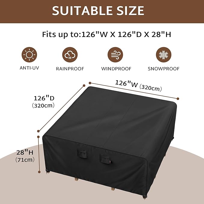 iBirdie Outdoor Patio Furniture Set Covers 126 x 126 inch Waterproof Weatherproof Square Cover, Heavy Duty 600D for Outside Dining Table and Chairs fit 125 x 123, 124 x 124