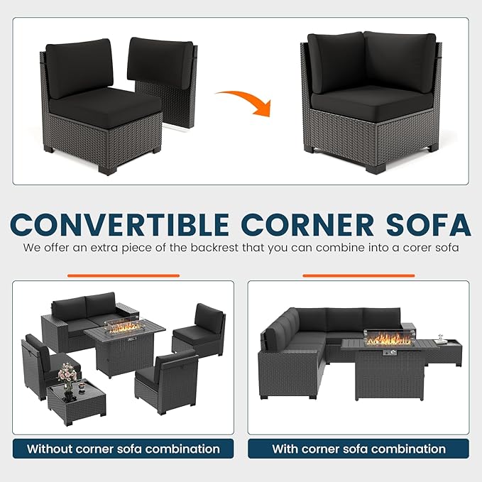 7 Piece Patio Furniture Set with Fire Pit Table, Outdoor Sectional Conversation Sets Black Wicker Rattan Sofa with Coffee Table for Patio Garden Backyard, 4'' Thickened Cushion Black