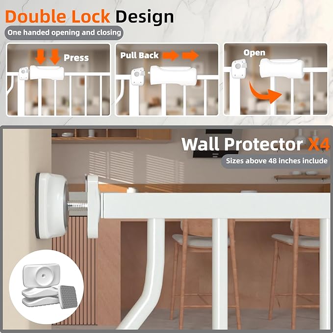 TSAYAWA Extra Wide Walk Through Baby Gate with Door, 62-67 Inch Wide Presure Mounted No Drill Metal Auto Close Child Gate for Stair Doorway - Indoor Outdoor Safty Gate for Toddler Dog Doggie, White