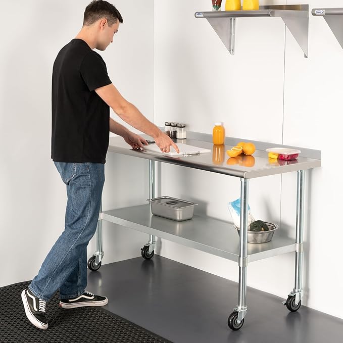 HARDURA Stainless Steel Table with Wheels 30X72 Inches NSF Heavy Duty Commercial Prep Table with 2” Backsplash and Adjustable Undershelf for Food Prep