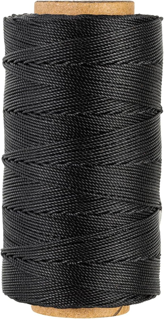 Bonded 0.8mm Round Waxed Polyester Cord, 3-ply Wax Coated Thread, 197 Yards Stiff String for Heavy Duty Fabric, Leather Sewing, Book Binding, Upholstery Repair, and Macrame Jewelry - Black