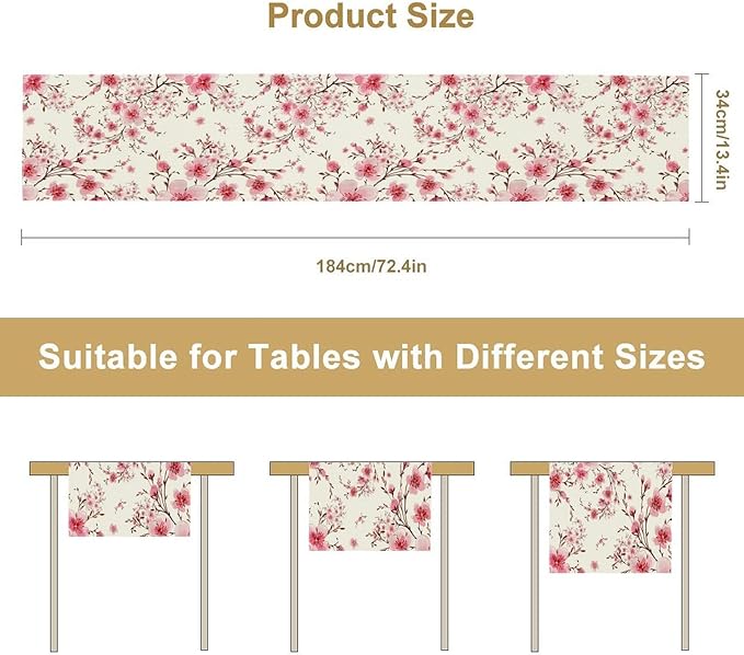Cherry Flower Table Runner, Seasonal Spring Cherry Blossoms Branches Watercolor Floral Print Table Cover for Kitchen Dining Table Indoor Outdoor Party Decor, 13x36inch