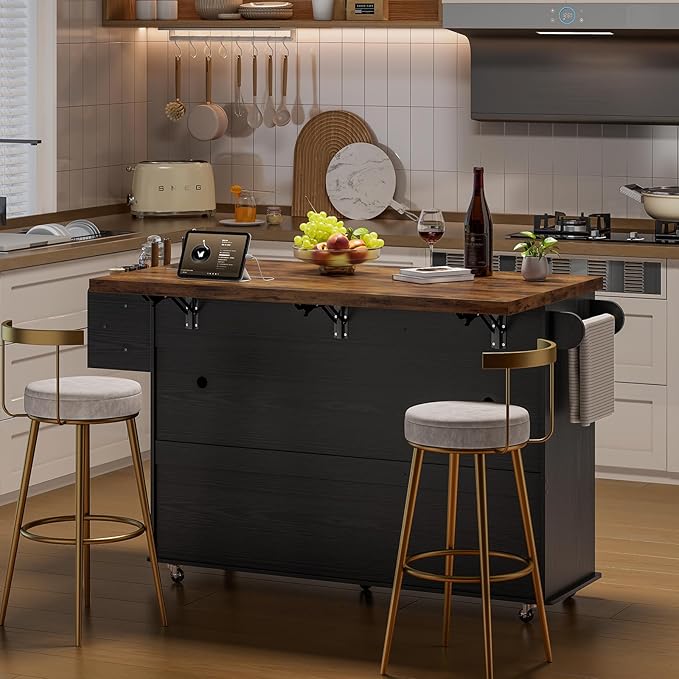 60" Kitchen Island with Power Outlet & Drop Leaf, Kitchen Rolling Island with Spice Rack & Towel Rack, Knife Holder, Kitchen Island Cart with Trash Storage Cabinet, Mobile Island Table for Kitchen