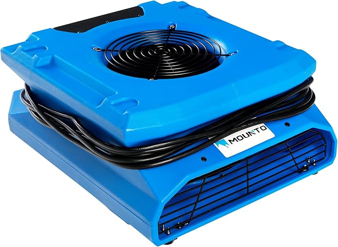 MOUNTO 1/4 HP 1200 CFM Low Profile Air Mover, 2-Speed Carpet Dryer Floor Fan with Dual GFCI Outlets, Stackable Lightweight Blower for Water Damage Restoration (Blue)