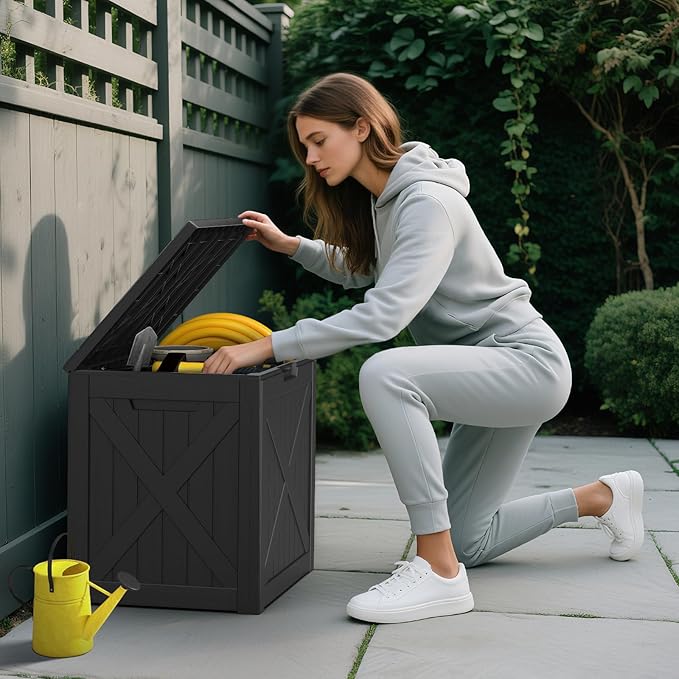 Mars Villa 31 Gallon Deck Box, Outdoor Storage Box Waterproof, Outside Resin Storage Bin for Outdoor Patio Furniture Cushions, Pool Supplies, Garden Tools, UV-Resistant and Weatherproof, Black Barn