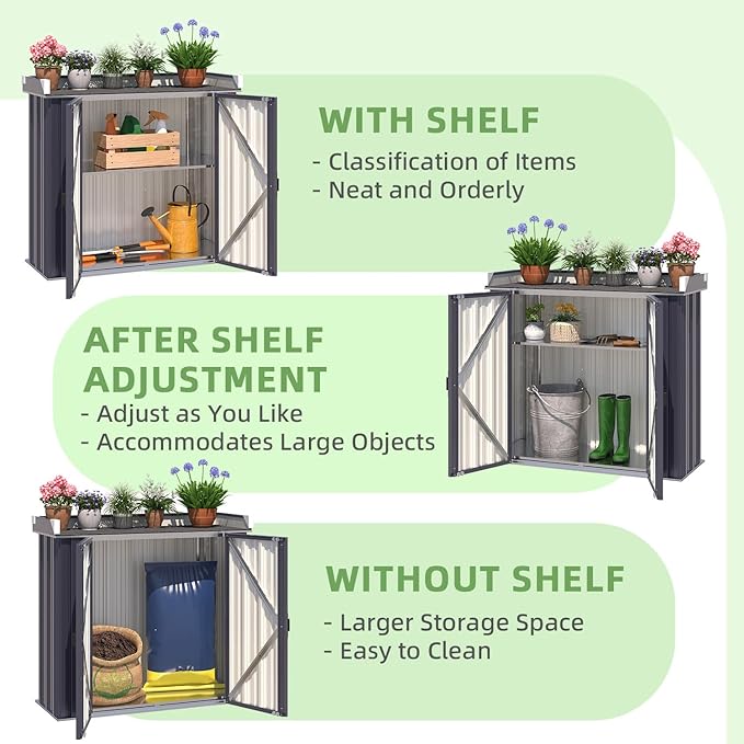 AECOJOY Outdoor Storage Cabinet Waterproof, Potting Workbench Table with Adjustable Shelves, Outside Metal Sheds & Outdoor Storage Garden Cabinet for Gardening Tools and Plants, Dark Grey