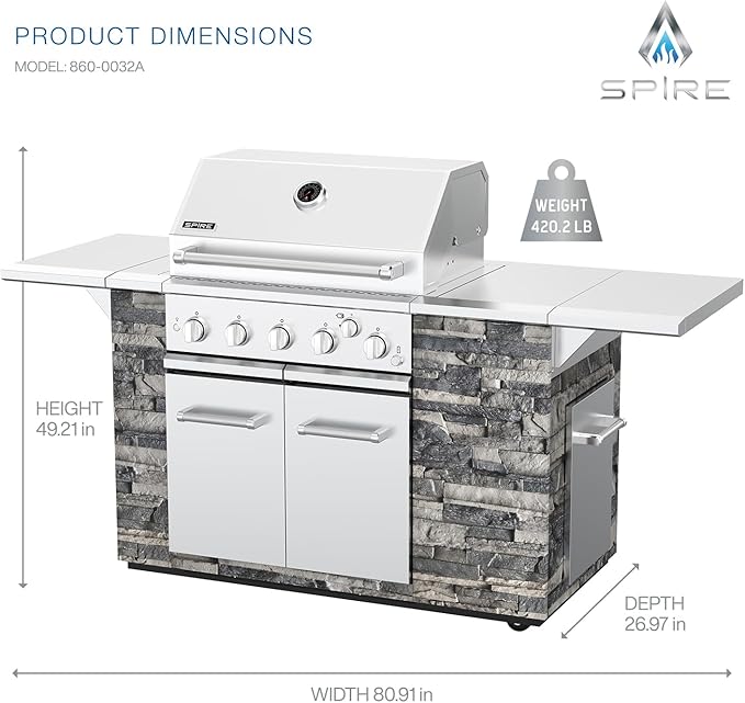 SPIRE Premium 5 Burner Built In Gas Grill Island Head, Stainless Steel 30" Barbeque Grill with Rear Burner, 63,000 BTUs, 758 SQ In Racks, Propane Grill with Dual Fuel Compatibility (Gray) – 860-0032A