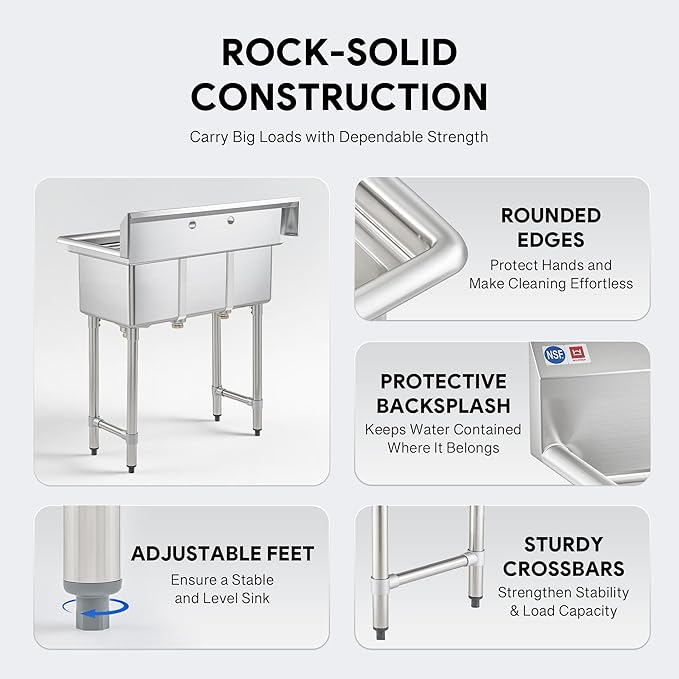 WILPREP 3-Compartment Sink, 10x14x10 in. Kitchen Sink with Strainers X-Shaped Guides Backsplash, Freestanding Triple Bowl Utility Sink, Work Station Sink for Garage Kitchen Laundry Room with 3 Basins