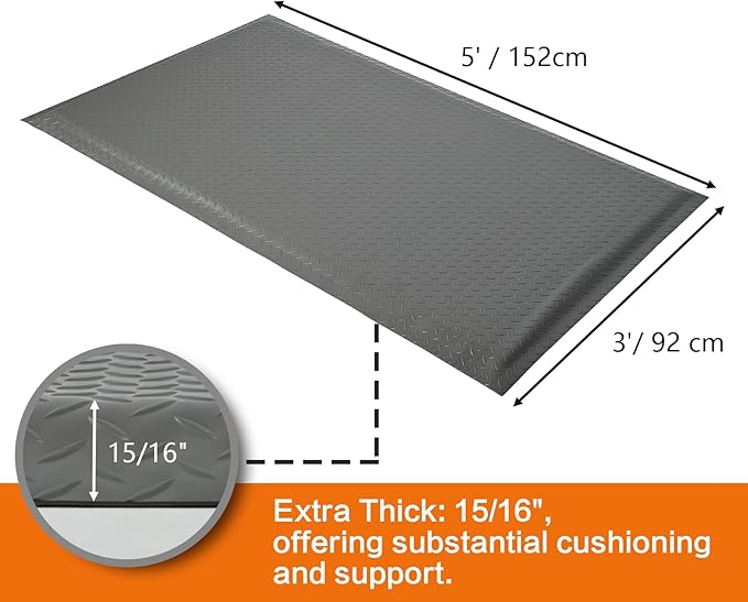Nisorpa Anti Fatigue Mats Industrial 3' x 5' Ergonomic Standing Mat 15/16" Extra Thick Kitchen Mat for Standing Heavy Duty Commercial Diamond Plate - Safety Support for Leg & Back Pain,Grey