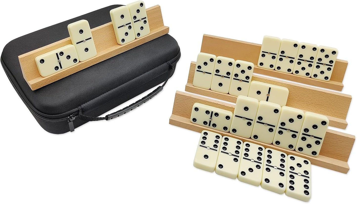 Dominos Set for Adults with 4 Wooden Racks, Double 6 Dominoes Game Set with 28 Colored Domino Tiles Double Six Dominos Set with Travel Case - Classic Board Games