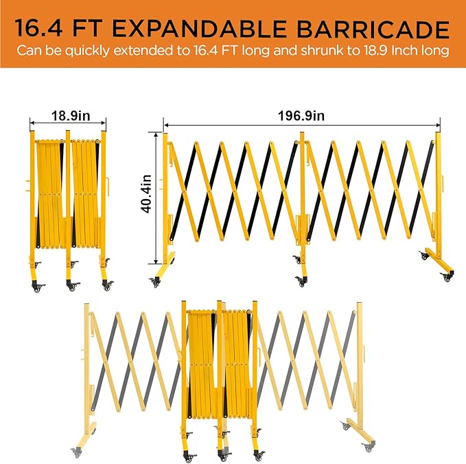 TECSPACE Industrial Expandable Metal Barricade, Expansion Size 16.4 FT, Yellow and Black,Durable Steel Safety Barricade with casters, Flexible Mobile Barrier Gate, Adjustable Traffic Fence
