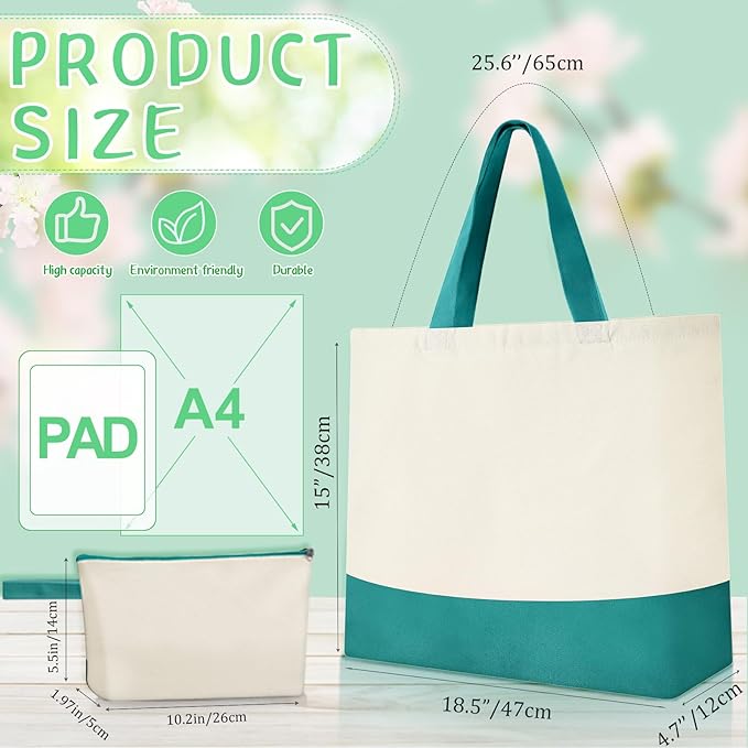 Sanwuta 24 Pcs Canvas Tote Bags Bulk with Zipper Cosmetic Bags 18.5" Cotton Canvas Bag with Handles Reusable Shopping Bags