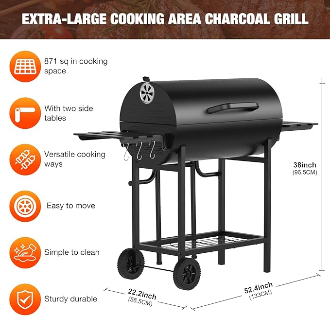 Extra Large Charcoal Barbecue Grill, 871 Sq. In. Cooking Space, Outdoor Barrel BBQ Grill with 2 Foldable Side Tables for Outdoor Backyard Patio Picnic Parties Camping, Black