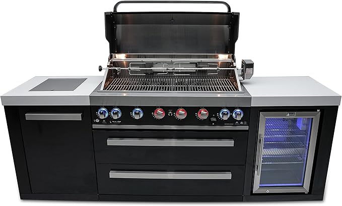 Mont Alpi MAi805-BSSFC 44-inch 6-Burner 115000 BTU Black Stainless Steel Gas Outdoor Kitchen Bar Island Grill w/Wine Cooler Beverage Center Refrigerator + Infrared Side Burner + Granite Countertop