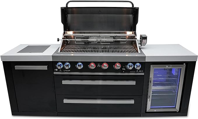 Mont Alpi MAi805-BSSFC 44-inch 6-Burner 115000 BTU Black Stainless Steel Gas Outdoor Kitchen Bar Island Grill w/Wine Cooler Beverage Center Refrigerator + Infrared Side Burner + Granite Countertop