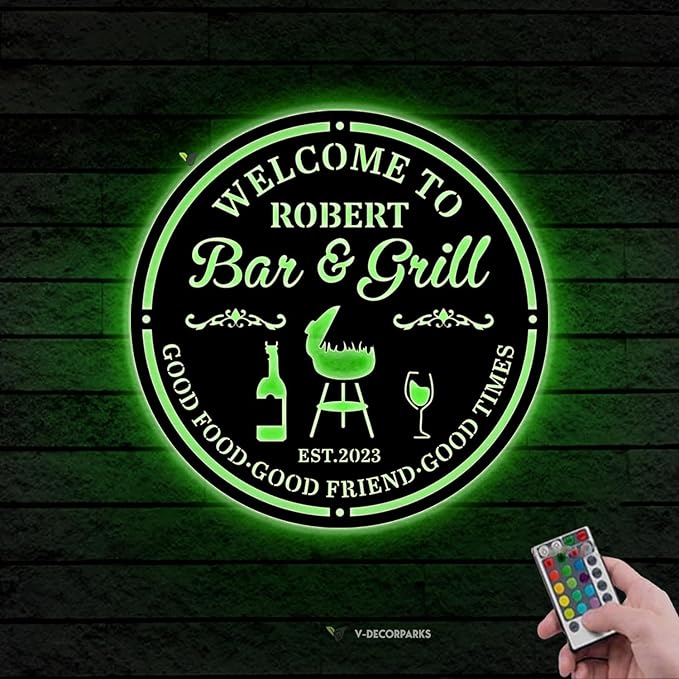 Personalized Bar & Grill Welcome Sign - Custom Backyard BBQ Sign, Neon Grill Decor, 16-Color LED with Remote Control, LED Light Up Wall Decor for BBQ Area, Man Cave