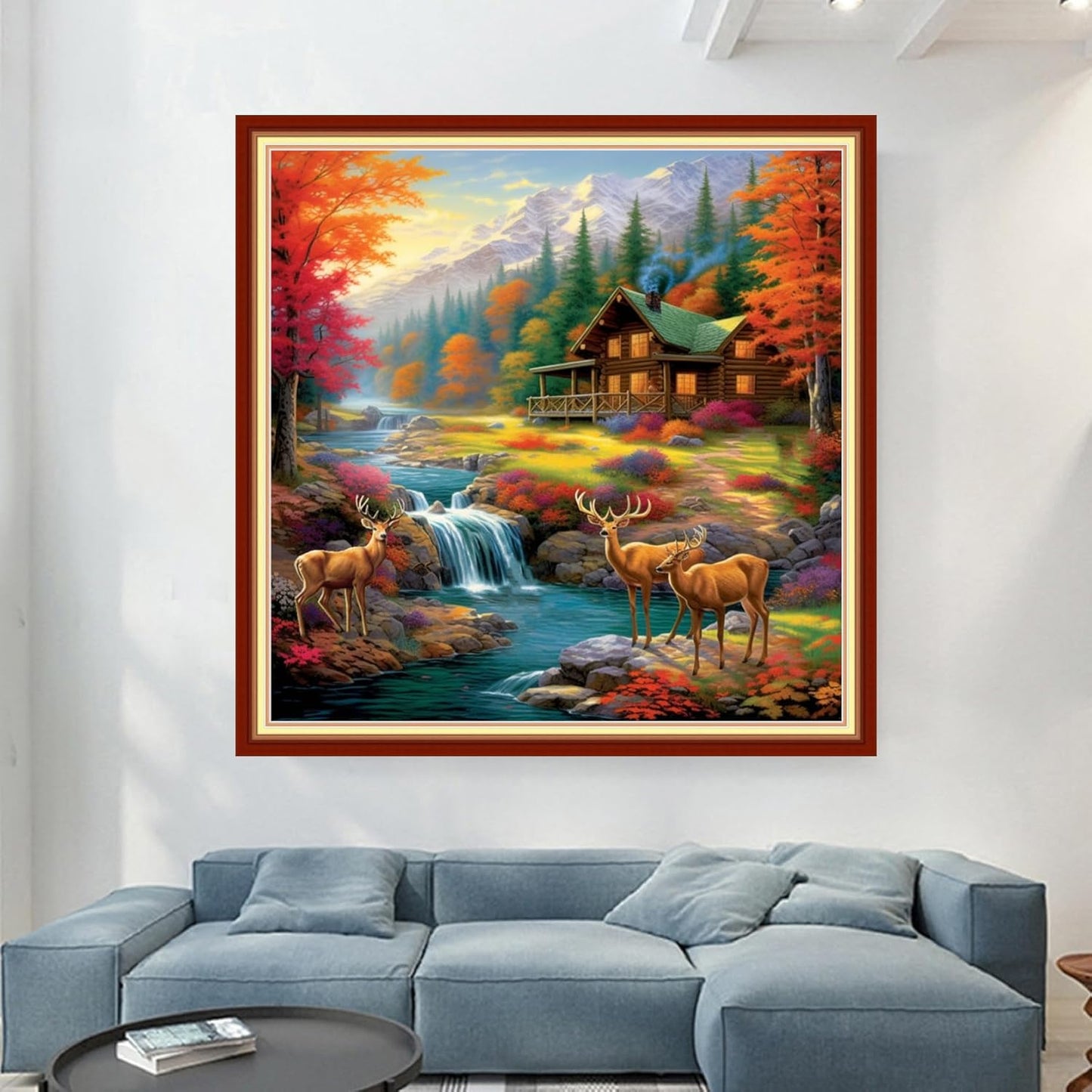 Magxvouy Cross Stitch Kits Stamped Full Range of Embroidery Kits,Cross Stitch Patterns Needlework Kits for Beginners 11CT Printed Kits&Deer by The Lake 18x18 inch