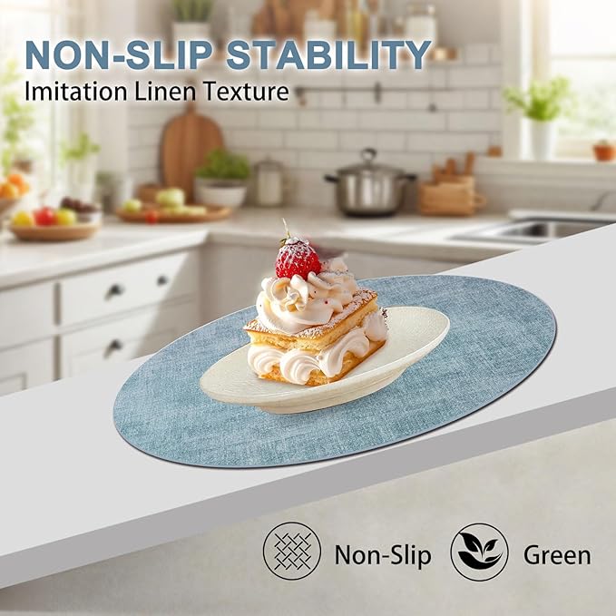 Round Faux Leather Placemats and Coasters, Set of 4, Reversible Heat Resistant Non-Slip Table Mats, Waterproof Wipeable Place Mats for Dining Table, Washable for Indoor & Outdoor (4, Blue)