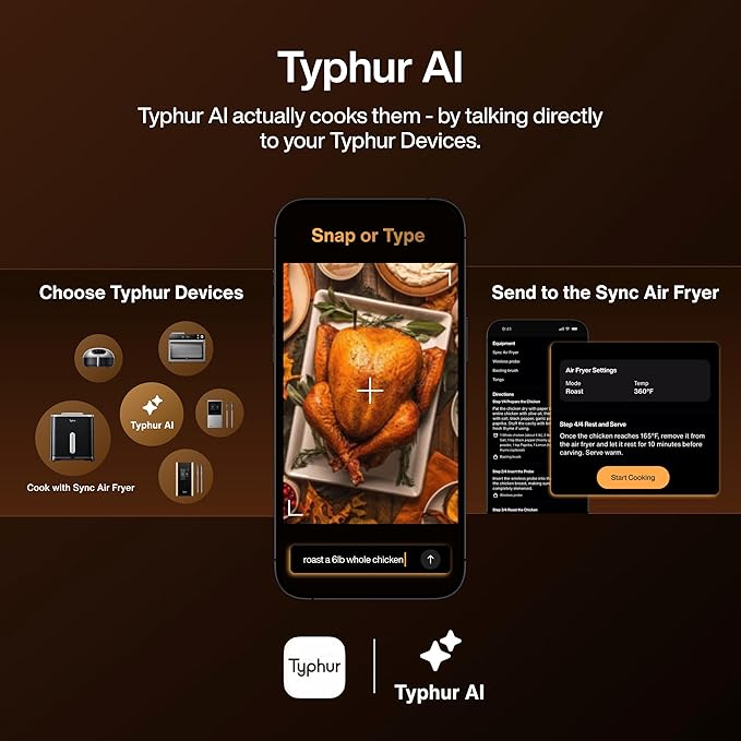 Typhur 8QT Sync Air Fryer with Built-in Wireless Meat Thermometer, 9-in-1 Smart Non Toxic Ceramic Airfryer for Quick Easy Meals, 450°F Max, Cooks 6lb Whole Chicken, Dishwasher Safe, 120V