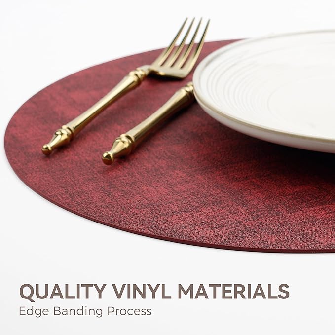 13"Round Placemats Set of 6, Reversible Faux Leather Heat Resistant Table Mats, 100% Waterproof Oilproof Wipeable Table Protective Placemats for Vinyl, Washable for Indoor & Outdoor Use (6, burgundy)