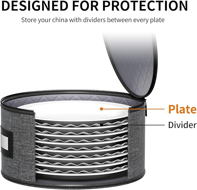 Aokeyee 4 Pcak China Storage Containers, Hard Shell Plates Storage Box with 48 Soft Divider for Saucer, Dessert, Salad, Dinner, Sturdy Quilted Stackable Dish Organizer for Moving & Protection, Grey