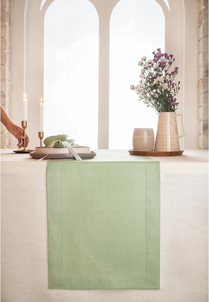 D'Moksha Homes Linen Sage Green Table Runner 48 Inches - Classic Hemstitch, 100% Pure Linen Coffee Table Runner 14 x 48 Inch Ideal for Dresser Tables - Spring, St Patricks Day, Easter