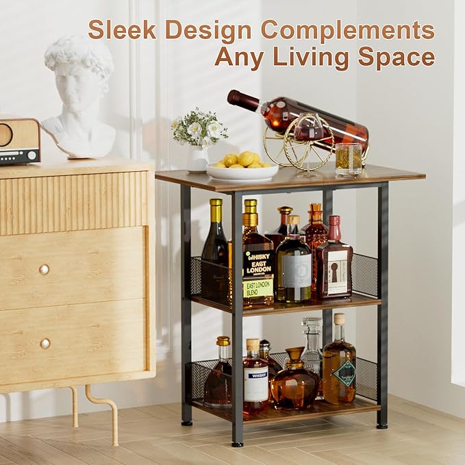 Bar Cart, 3-Tier Bar Cabinets Mini Bar Serving Cart Drink Cart Wine Table Whiskey Liquor Bottle Display Stand, Corner Cabinet for Kitchen, Dining Room, Living Room, Black