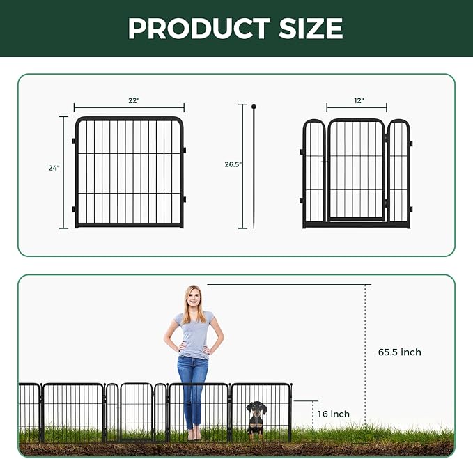 FXW Garden Fence Outdoor for The Yard – 24in(H) x 7.6ft(L) Heavy Duty Metal Animal Barrier for Dog and Rabbit, Decorative Dog Fence, 4 Panels, Black