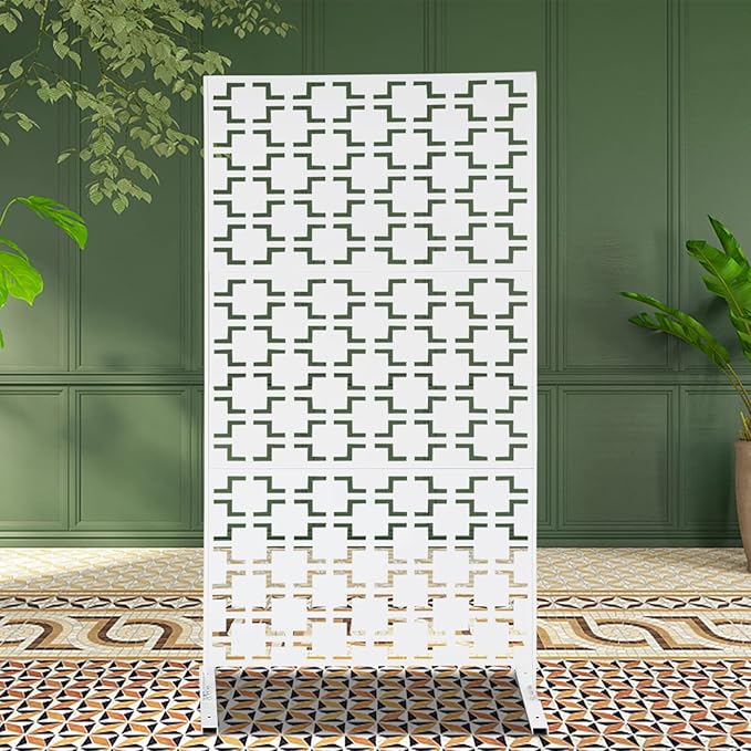 Metal Outdoor Privacy Screen,Freestanding Outdoor Divider Decorative Privacy Fence Screen,Freestanding Decorative Privacy Screen for Balcony Patio (White 6.2ft)