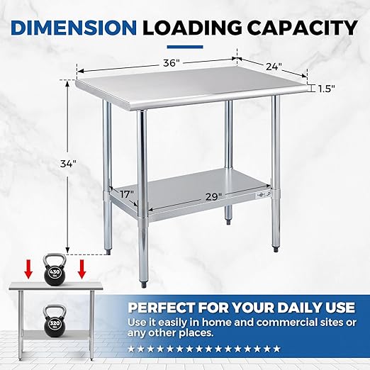 Profeeshaw Stainless Steel Prep Table 36x24 Inch NSF Commercial Work Table with Undershelf Heavy Duty Table for Kitchen Restaurant Home Hotel