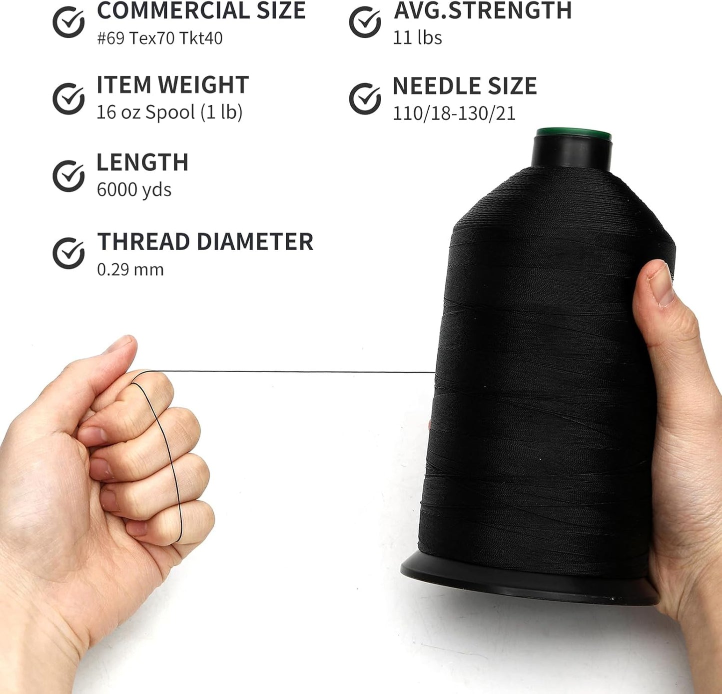 Extra Strong Bonded Nylon Thread #69 Tex70 – 16 OZ, 6000yds, Versatile Stitching Solution for Leather, Upholstery, Canvas Repair and More (Black)