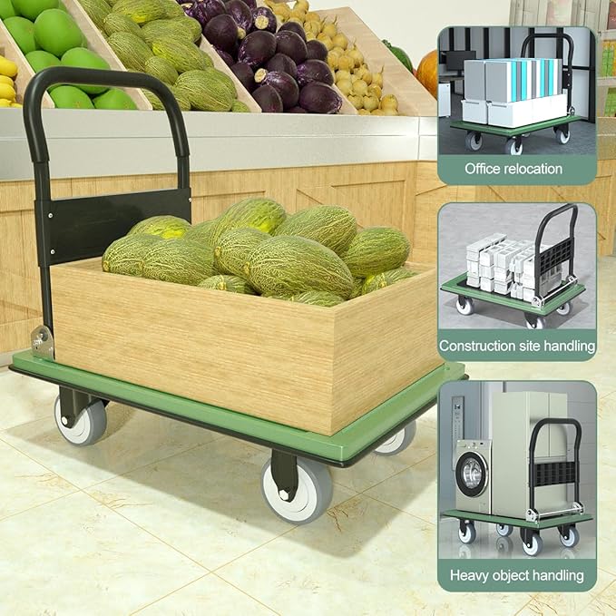 WUD Push Cart, Folding Mobile Platform Trolley,Thickened and Reinforced, 360° Swivel Wheels,35.4 “L x 23.6 ”W, 1100 lb. Green Dolly cart with Wheels