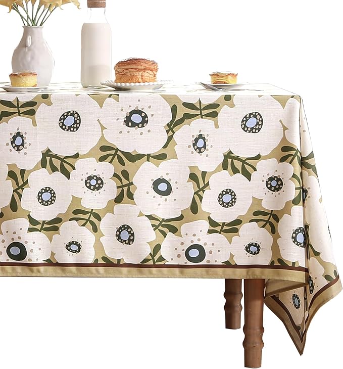 Designer Vintage Small Rectangular Tablecloth,Linen French Tablecloth with White Floral Pattern,Decor Table Cover for Kitchen,Dining,Thanksgiving,Tea Party,55" × 71"-Hidaka