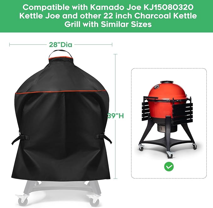 Heavy-Duty 600D Grill Cover fit for Kamado Joe KJ15080320 Kettle Joe and Other 22 inch Charcoal Kettle Grill with Similar Sizes, 28" Dia x 39" H