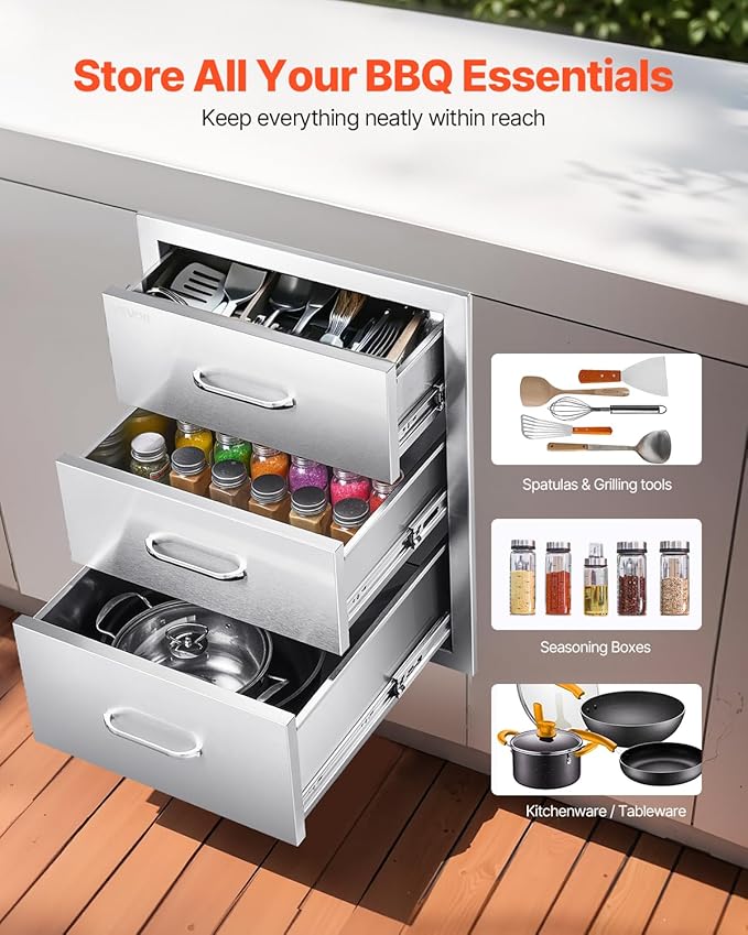 VEVOR Outdoor Kitchen Drawers 18.11" W x 23.23" D x 23.23" H, Triple-Access Stainless Steel BBQ Drawers with Handles, BBQ Island Drawer for Outdoor Kitchens or Barbeque Island Patio Grill Station