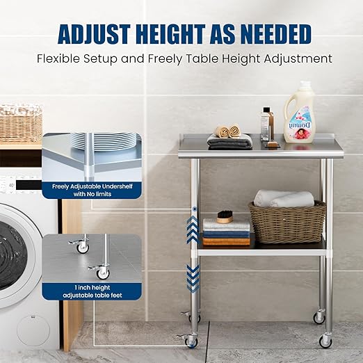 Stainless Steel Work Table with Wheels, 14x30 Inch NSF Food Prep Table with Backsplash & Adjustable Undershelf for Commercial Kitchen, Restaurant, Garage