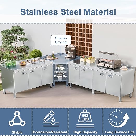 KINGBO Stainless Steel Corner Cabinet Heavy Duty Prep Table with 304 Stainless Steel Worktop Commercial Worktable Workbench with Storage Cabinet for Kitchen Garage Restaurant Outdoor