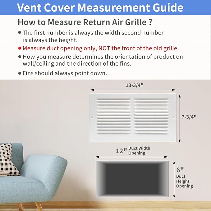 12"W x 6"H [Duct Opening Size] Steel Return Air Grille, Air Return Vent Cover for Ceiling and Sidewall - HVAC Air Vent Covers - [Outer Dimensions: 13.75"W x 7.75"H]